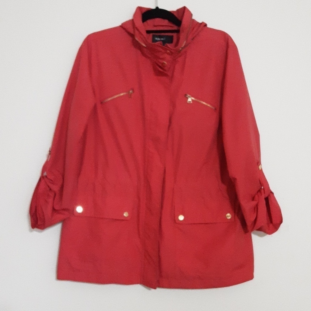 Style & Co Sport Rain WindBraker Jacquet Coat Women L hooded Orange Outdoor